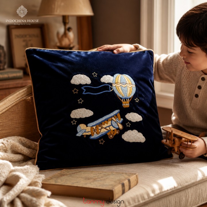 Velvet cushion cover embroidered with Hot Air Balloon